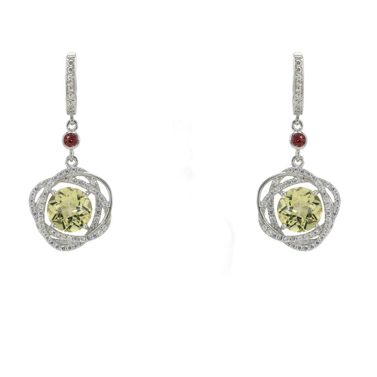 Lemon Quartz  and Garnet Round Earrings