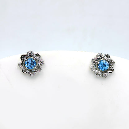 Blue Topaz Rosette Halo Earrings