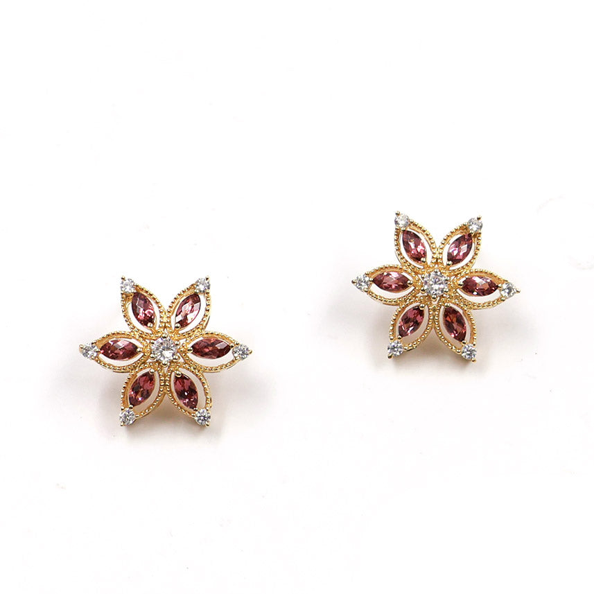 Pink Garnet Petal Star Earrings